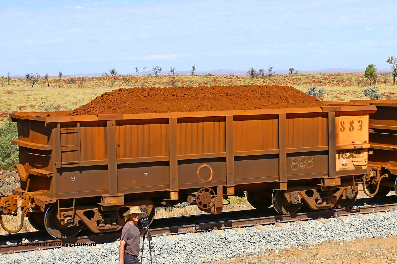 0883 170729 0256
Robe River ore waggon 883, built by Centurion Industries WA, fixed coupler handbrake side loaded view at the 103 km, between Maitland Siding and the Fortescue River on the Deepdale line. July 29, 2017.
Keywords: 883;Centurion-Industries-WA;Robe-ore-waggon;