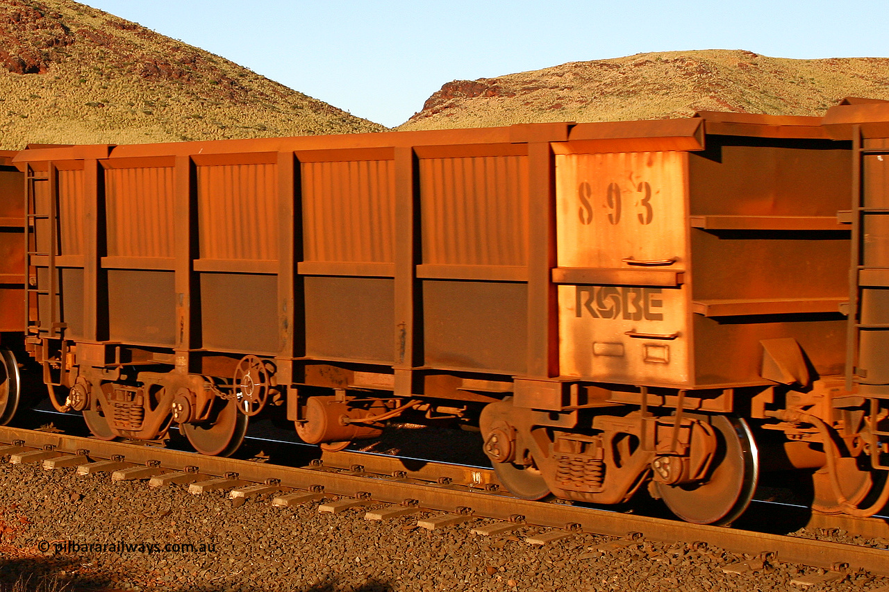 0893 060722 7634
Robe River ore waggon 893, built by Centurion Industries WA, rotary coupler end handbrake side empty view, at the 11.7 km, Cape Lambert. July 22, 2006.
Keywords: 893;Centurion-Industries-WA;Robe-ore-waggon;
