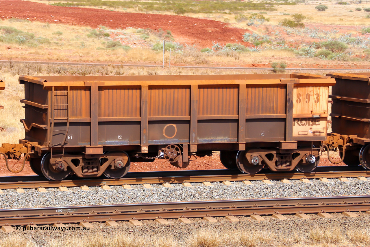 0893 141124 6867
Robe River ore waggon 893, built by Centurion Industries WA, fixed coupler handbrake side empty view at the 25 km at Arches Siding on the Cape Lambert line. November 24, 2014.
Keywords: 893;Centurion-Industries-WA;Robe-ore-waggon;