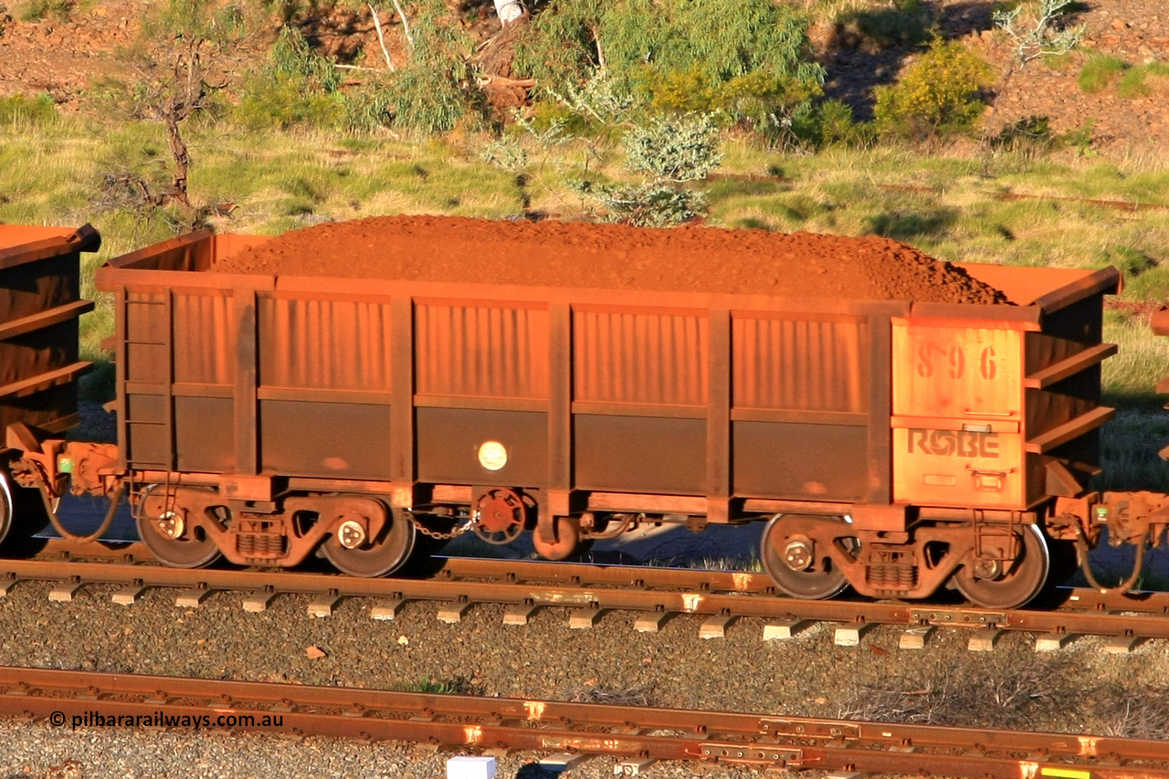 0896 110602 1628
Robe River ore waggon 896, built by Centurion Industries WA, rotary coupler end handbrake side loaded view at the 71 km, Western Creek on the Deepdale line. June 2, 2011.
Keywords: 896;Centurion-Industries-WA;Robe-ore-waggon;