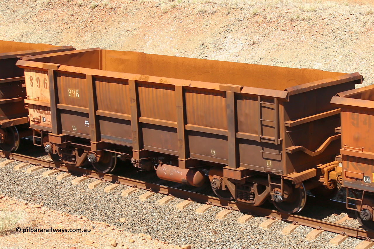 0896 160306 1258
Robe River ore waggon 896, built by Centurion Industries WA, fixed coupler non-handbrake side empty view at Greenpool on the Cape Lambert line. March 6, 2016.
Keywords: 896;Centurion-Industries-WA;Robe-ore-waggon;