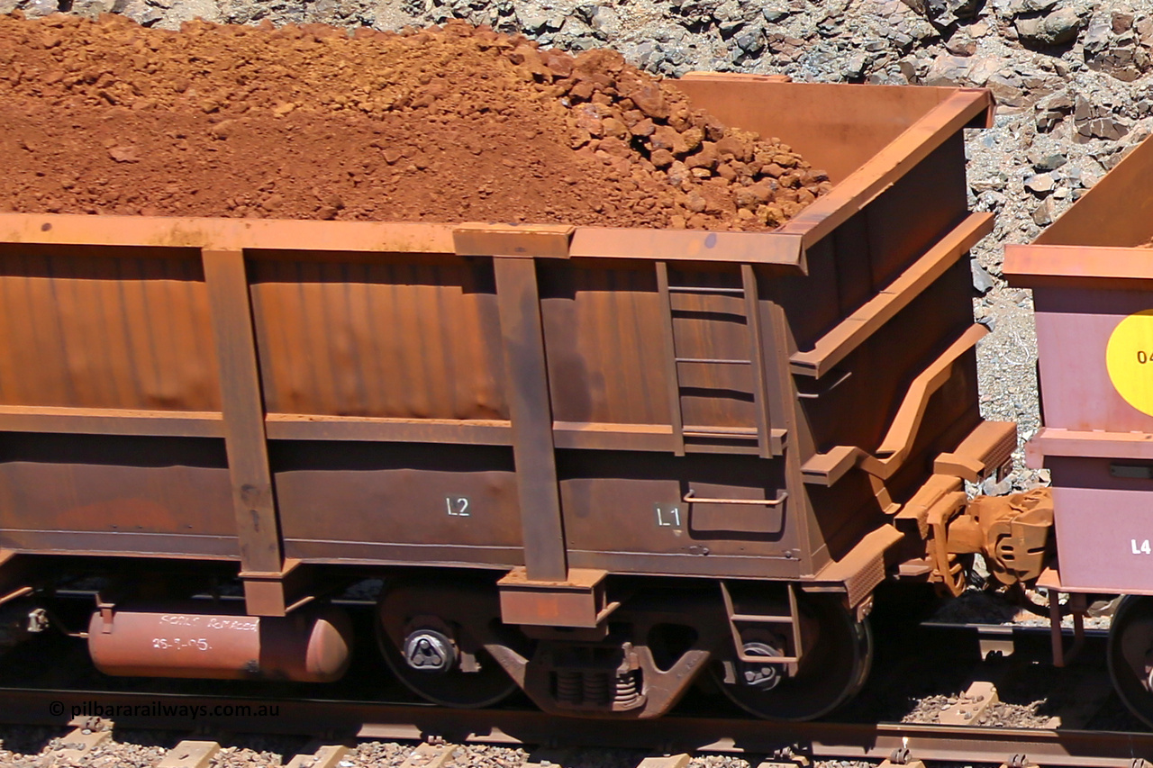 0897 160306 1587
Robe River ore waggon 897, built by Centurion Industries WA, fixed coupler non-handbrake side loaded partial view, shows drop rib detail, at the 45 km, Harding Siding on the Cape Lambert line. March 6, 2016.
Keywords: 897;Centurion-Industries-WA;Robe-ore-waggon;