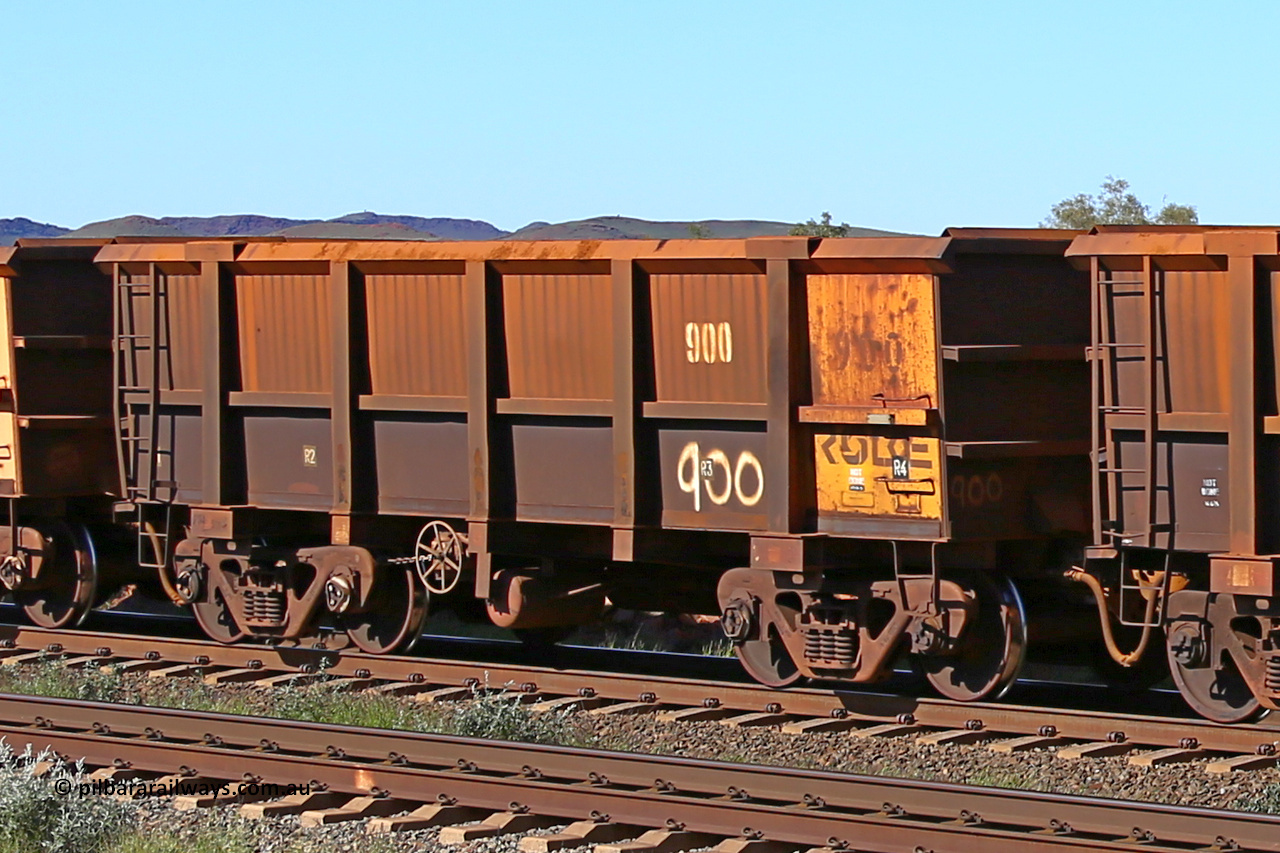 0900 160727 0968
Robe River ore waggon 900, built by Centurion Industries WA, rotary coupler end handbrake side empty view at Harding Siding on the Cape Lambert line, July 27, 2016.
Keywords: 900;Centurion-Industries-WA;Robe-ore-waggon;