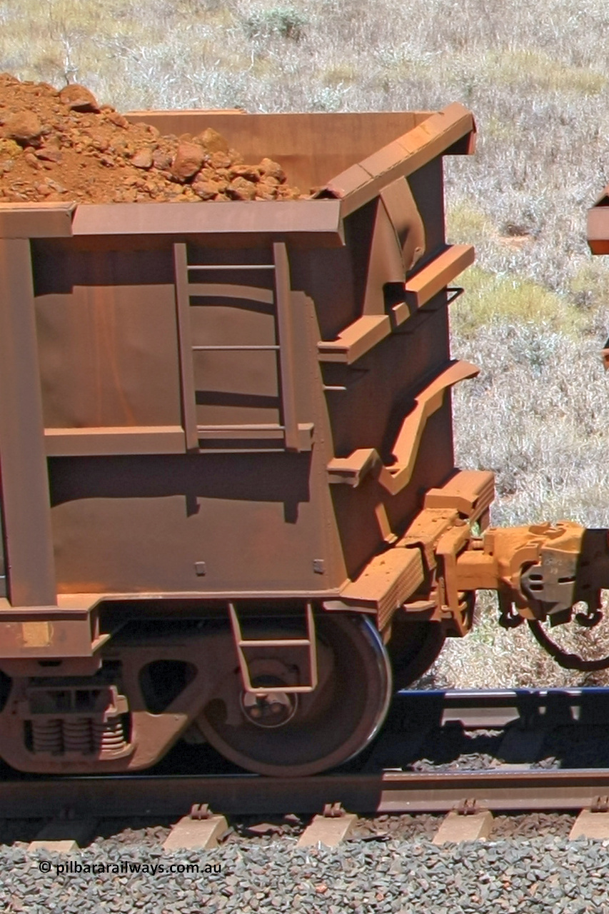 0901 081209 0167
Robe River ore waggon 901, built by Centurion Industries WA, fixed coupler end view showing drop rib detail, at the 7 km location just south of Cape Lambert yard. December 9, 2008.
Keywords: 901;Centurion-Industries-WA;Robe-ore-waggon;