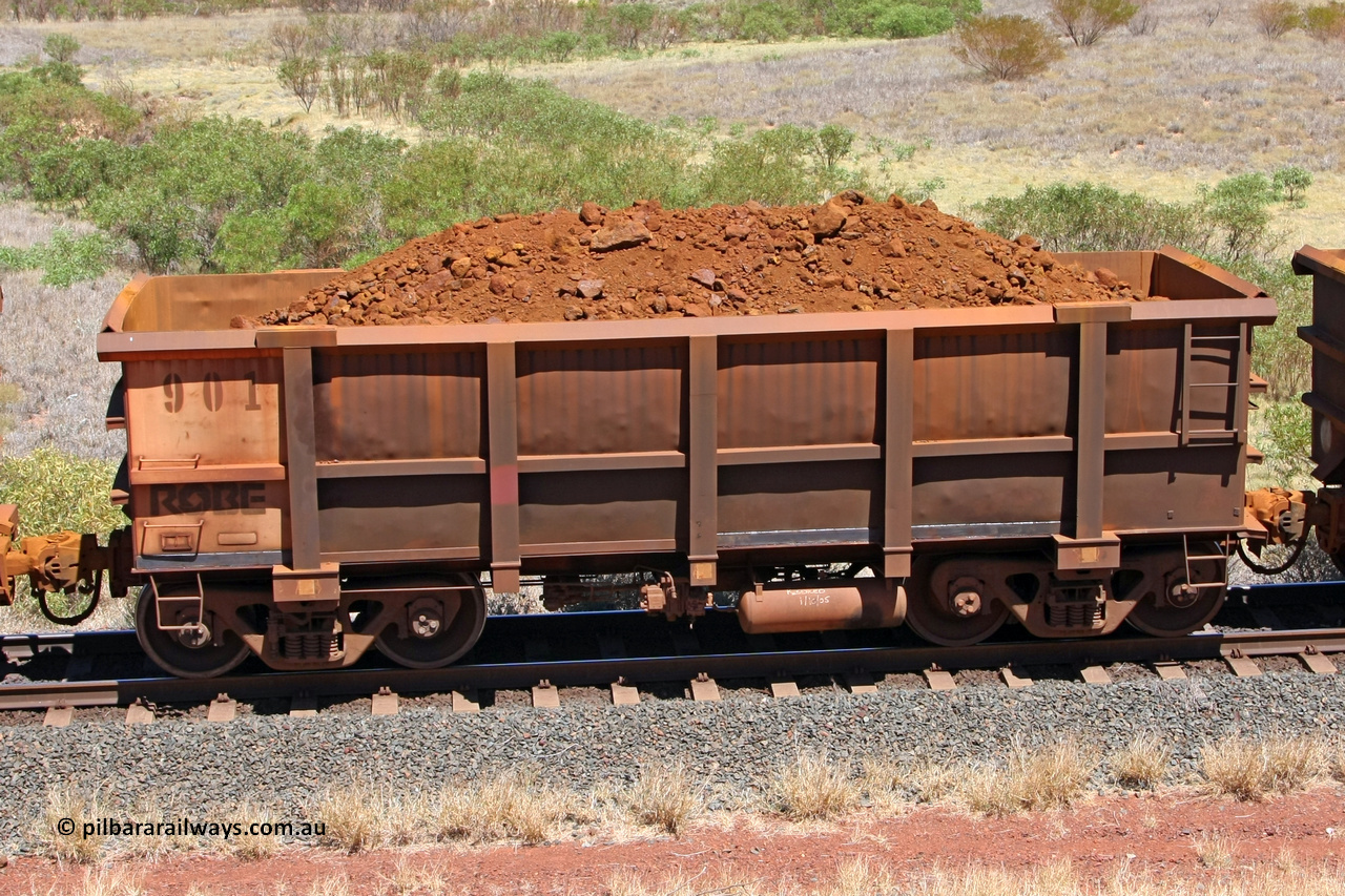 0901 081209 0168
Robe River ore waggon 901, built by Centurion Industries WA, non-handbrake side loaded view at the 7 km location just south of Cape Lambert yard. December 9, 2008.
Keywords: 901;Centurion-Industries-WA;Robe-ore-waggon;
