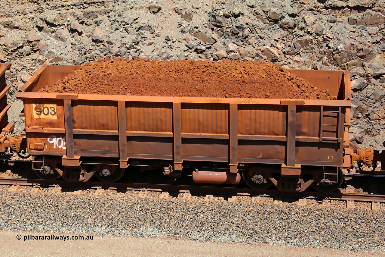 0903 160306 1585
Robe River ore waggon 903, built by Centurion Industries WA, fixed coupler non-handbrake side loaded view, at the 45 km, Harding Siding on the Cape Lambert line. March 6, 2016.
Keywords: 903;Centurion-Industries-WA;Robe-ore-waggon;