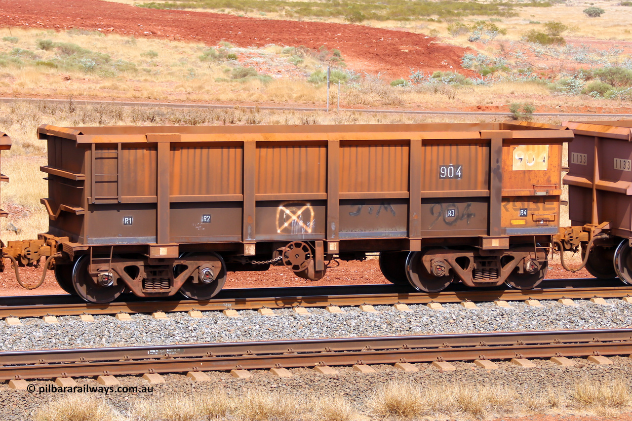 0904 141124 6862
Robe River ore waggon 904, built by Centurion Industries WA, fixed coupler handbrake side empty view at the 25 km at Arches Siding on the Cape Lambert line. November 24, 2014.
Keywords: 904;Centurion-Industries-WA;Robe-ore-waggon;