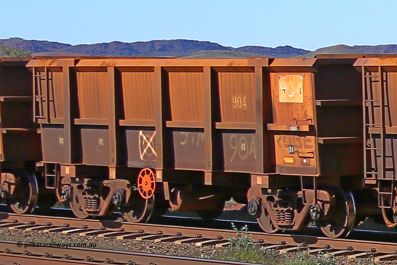 0904 160727 0974
Robe River ore waggon 904, built by Centurion Industries WA, rotary coupler end handbrake side empty view at Harding Siding on the Cape Lambert line, July 27, 2016.
Keywords: 904;Centurion-Industries-WA;Robe-ore-waggon;