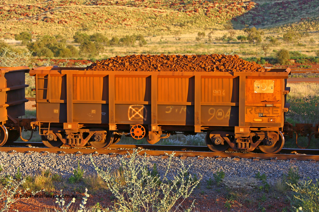 0904 170513 8697
Robe River ore waggon 904, built by Centurion Industries WA, rotary coupler end handbrake side loaded view, Cape Lambert yard, May 13, 2017.
Keywords: 904;Centurion-Industries-WA;Robe-ore-waggon;