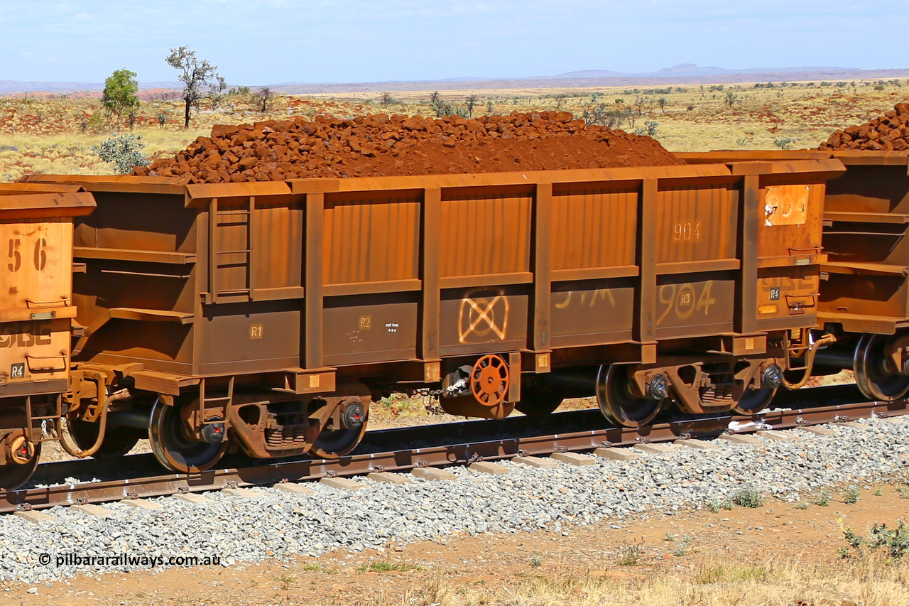 0904 170729 0196
Robe River ore waggon 904, built by Centurion Industries WA, fixed coupler handbrake side loaded view at the 103 km, between Maitland Siding and the Fortescue River on the Deepdale line. July 29, 2017.
Keywords: 904;Centurion-Industries-WA;Robe-ore-waggon;