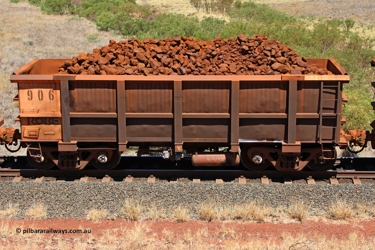 0906 081209 0129
Robe River ore waggon 906, built by Centurion Industries WA, non-handbrake side loaded view at the 7 km location just south of Cape Lambert yard. December 9, 2008.
Keywords: 906;Centurion-Industries-WA;Robe-ore-waggon;