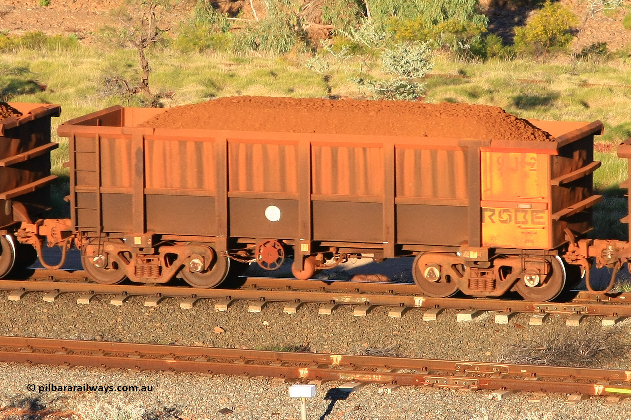 0912 110602 1606
Robe River ore waggon 912, built by Centurion Industries WA, rotary coupler end handbrake side loaded view at the 71 km, Western Creek on the Deepdale line. June 2, 2011.
Keywords: 912;Centurion-Industries-WA;Robe-ore-waggon;