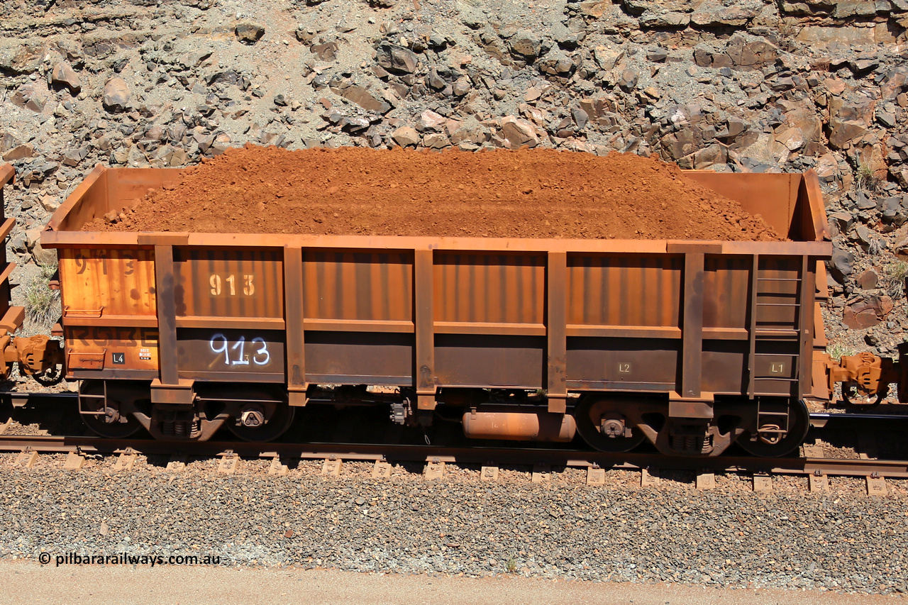 0913 160306 1553
Robe River ore waggon 913, built by Centurion Industries WA, fixed coupler non-handbrake side loaded view, at the 45 km, Harding Siding on the Cape Lambert line. March 6, 2016.
Keywords: 913;Centurion-Industries-WA;Robe-ore-waggon;