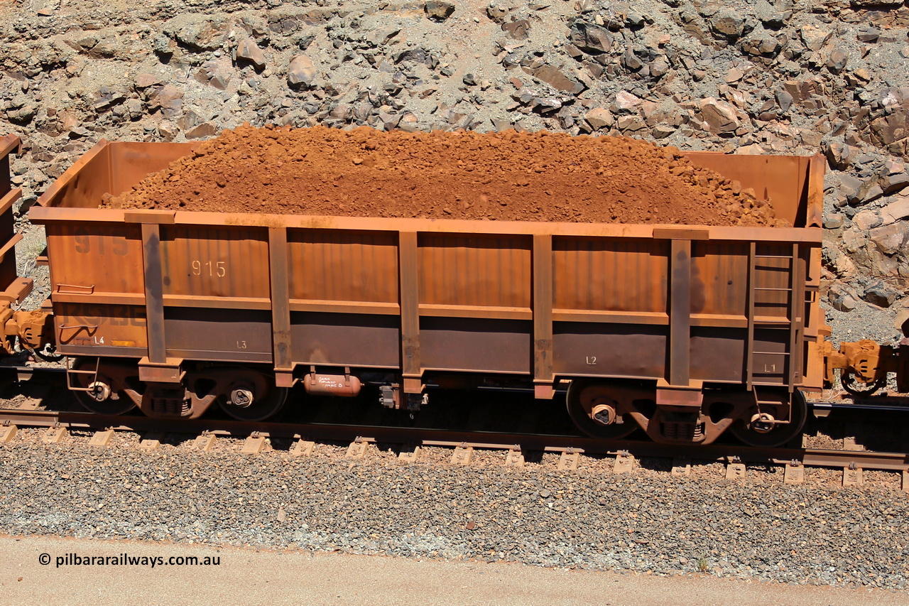 0915 160306 1597
Robe River ore waggon 915, built by Centurion Industries WA, fixed coupler non-handbrake side loaded view, at the 45 km, Harding Siding on the Cape Lambert line. March 6, 2016.
Keywords: 915;Centurion-Industries-WA;Robe-ore-waggon;