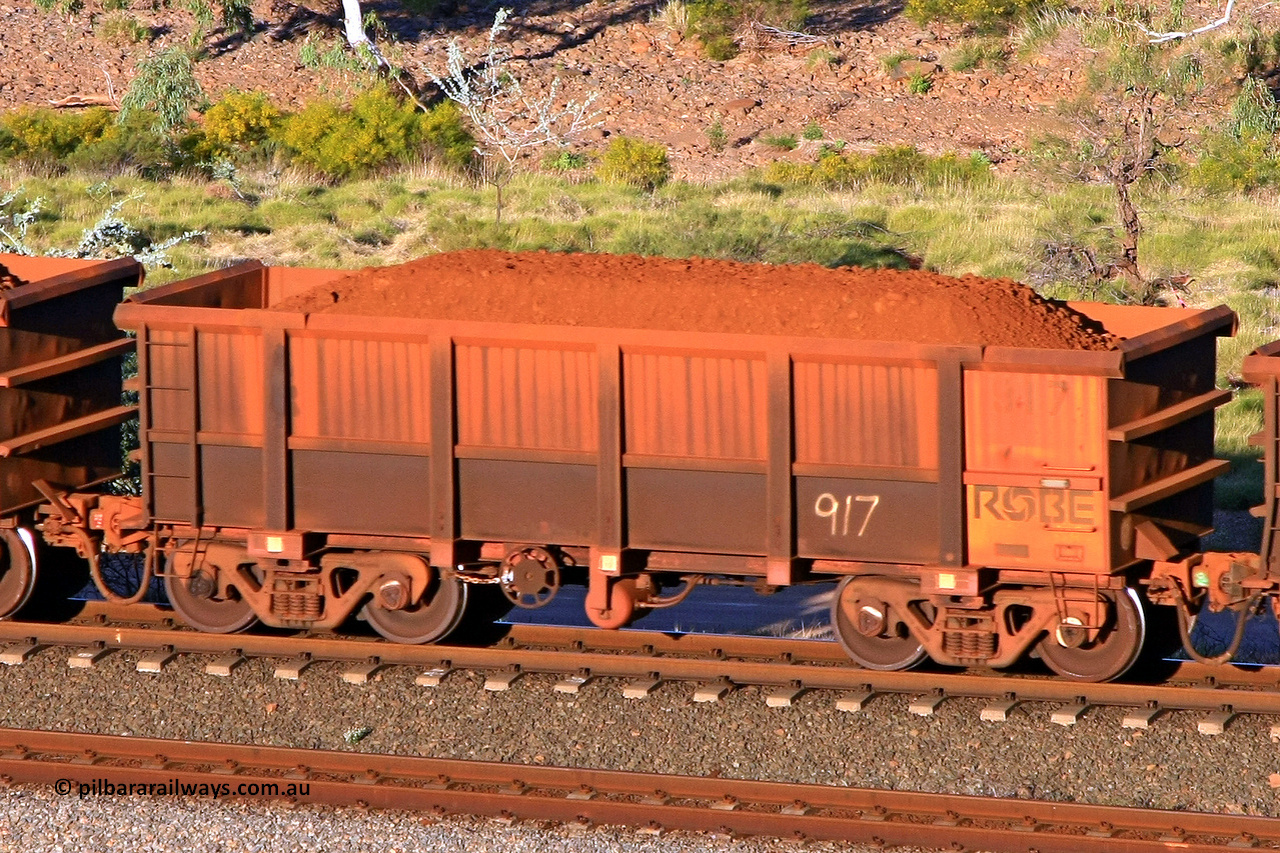 0917 110602 1685
Robe River ore waggon 917, built by Centurion Industries WA, rotary coupler end handbrake side loaded view at the 71 km, Western Creek on the Deepdale line. June 2, 2011.
Keywords: 917;Centurion-Industries-WA;Robe-ore-waggon;