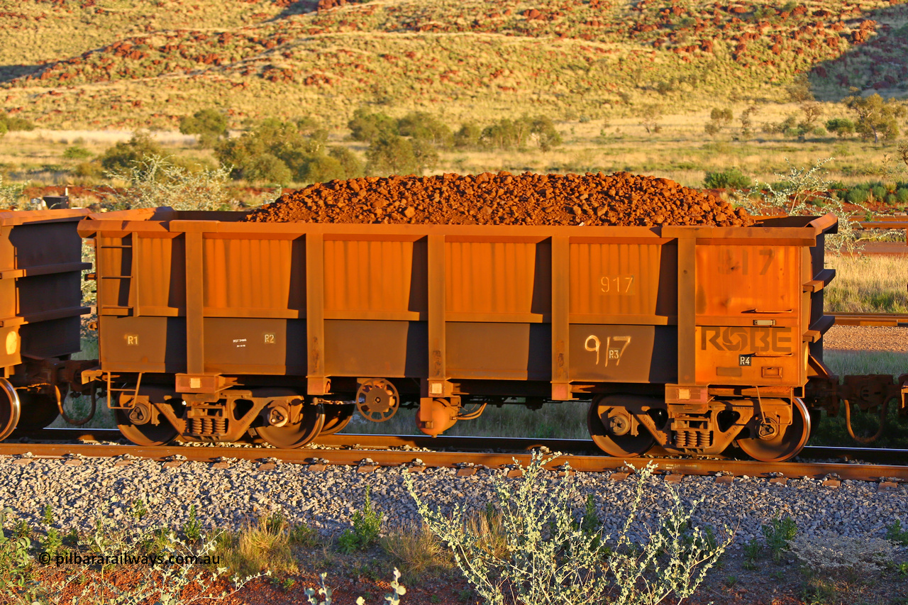 0917 170513 8674
Robe River ore waggon 917, built by Centurion Industries WA, rotary coupler end handbrake side loaded view, Cape Lambert yard, May 13, 2017.
Keywords: 917;Centurion-Industries-WA;Robe-ore-waggon;