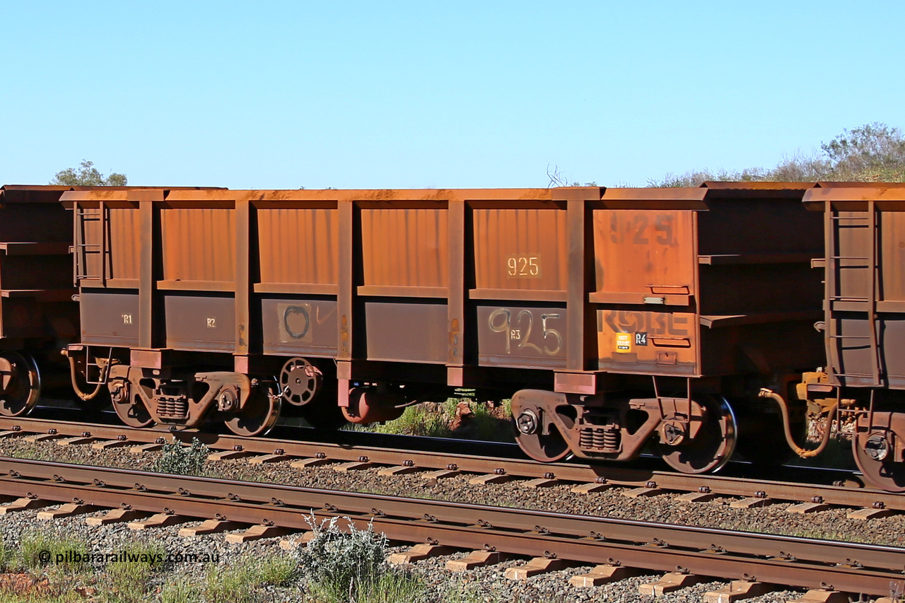 0925 160727 0969
Robe River ore waggon 925, built by Centurion Industries WA, rotary coupler end handbrake side empty view at Harding Siding on the Cape Lambert line, July 27, 2016.
Keywords: 925;Centurion-Industries-WA;Robe-ore-waggon;
