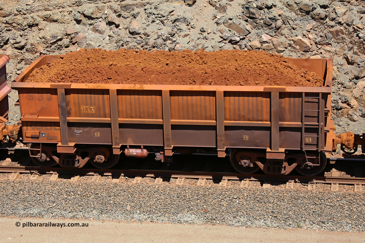 0933 160306 1575
Robe River ore waggon 933, built by Centurion Industries WA, fixed coupler non-handbrake side loaded view, at the 45 km, Harding Siding on the Cape Lambert line. March 6, 2016.
Keywords: 933;Centurion-Industries-WA;Robe-ore-waggon;
