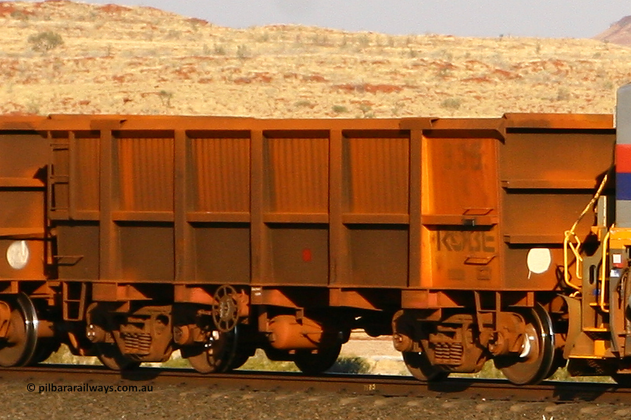 0935 070908 0620
Robe River ore waggon 935, built by Centurion Industries WA, rotary coupler end handbrake side loaded view at the 78.8 km between Western Creek and Maitland on the Deepdale line. July 22, 2006.
Keywords: 935;Centurion-Industries-WA;Robe-ore-waggon;
