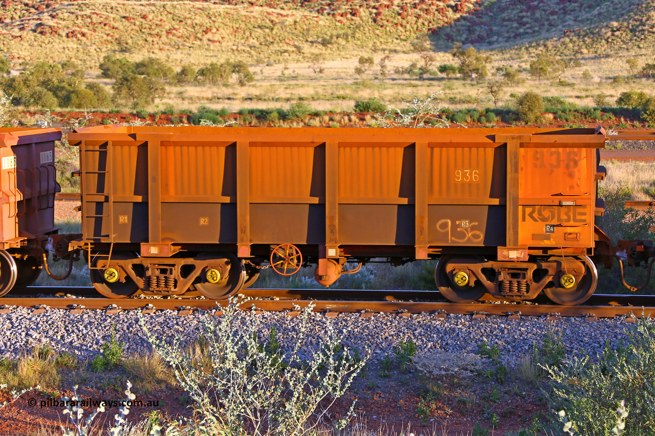 0936 170513 8775
Robe River ore waggon 936, built by Centurion Industries WA, rotary coupler end handbrake side empty view, Cape Lambert yard, May 13, 2017.
Keywords: 936;Centurion-Industries-WA;Robe-ore-waggon;