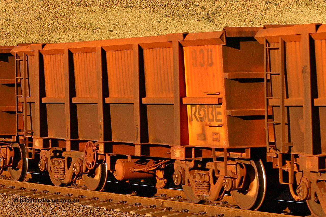 0938 060722 7588
Robe River ore waggon 938, built by Centurion Industries WA, rotary coupler end handbrake side empty view, at the 11.7 km, Cape Lambert. July 22, 2006.
Keywords: 938;Centurion-Industries-WA;Robe-ore-waggon;