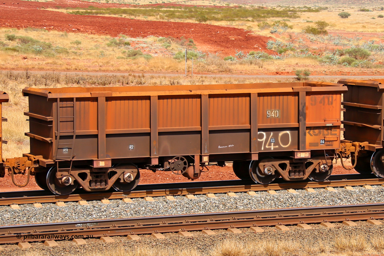 0940 141124 6812
Robe River ore waggon 940, built by Centurion Industries WA, fixed coupler handbrake side empty view at the 25 km at Arches Siding on the Cape Lambert line. November 24, 2014.
Keywords: 940;Centurion-Industries-WA;Robe-ore-waggon;