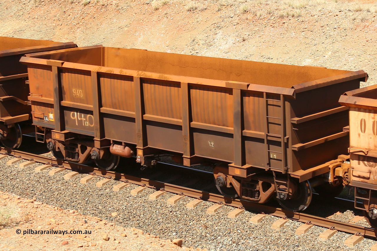 0940 160306 1259
Robe River ore waggon 940, built by Centurion Industries WA, fixed coupler non-handbrake side empty view at Greenpool on the Cape Lambert line. March 6, 2016.
Keywords: 940;Centurion-Industries-WA;Robe-ore-waggon;