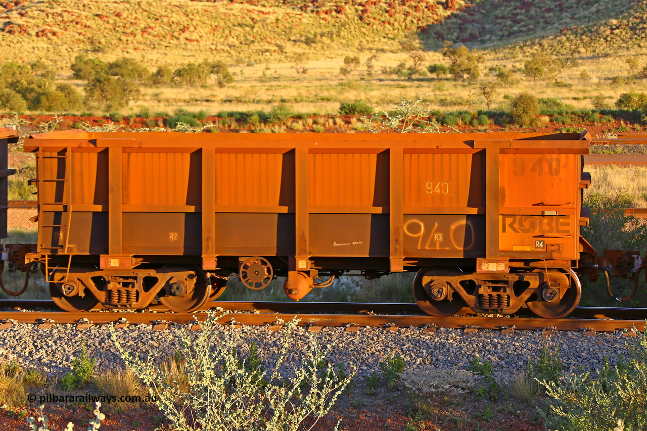 0940 170513 8771
Robe River ore waggon 940, built by Centurion Industries WA, rotary coupler end handbrake side empty view, Cape Lambert yard, May 13, 2017.
Keywords: 940;Centurion-Industries-WA;Robe-ore-waggon;