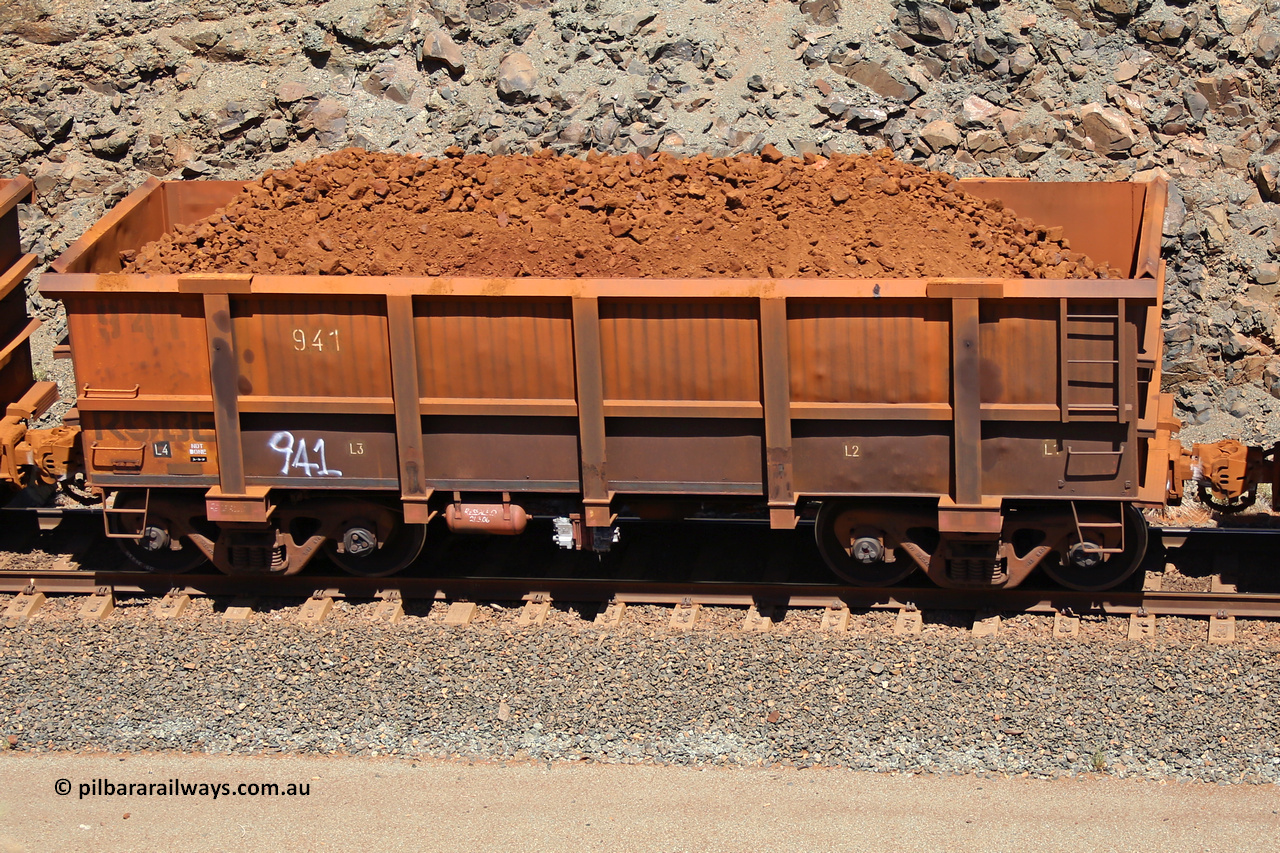 0941 160306 1520
Robe River ore waggon 941, built by Centurion Industries WA, fixed coupler non-handbrake side loaded view, at the 45 km, Harding Siding on the Cape Lambert line. March 6, 2016.
Keywords: 941;Centurion-Industries-WA;Robe-ore-waggon;