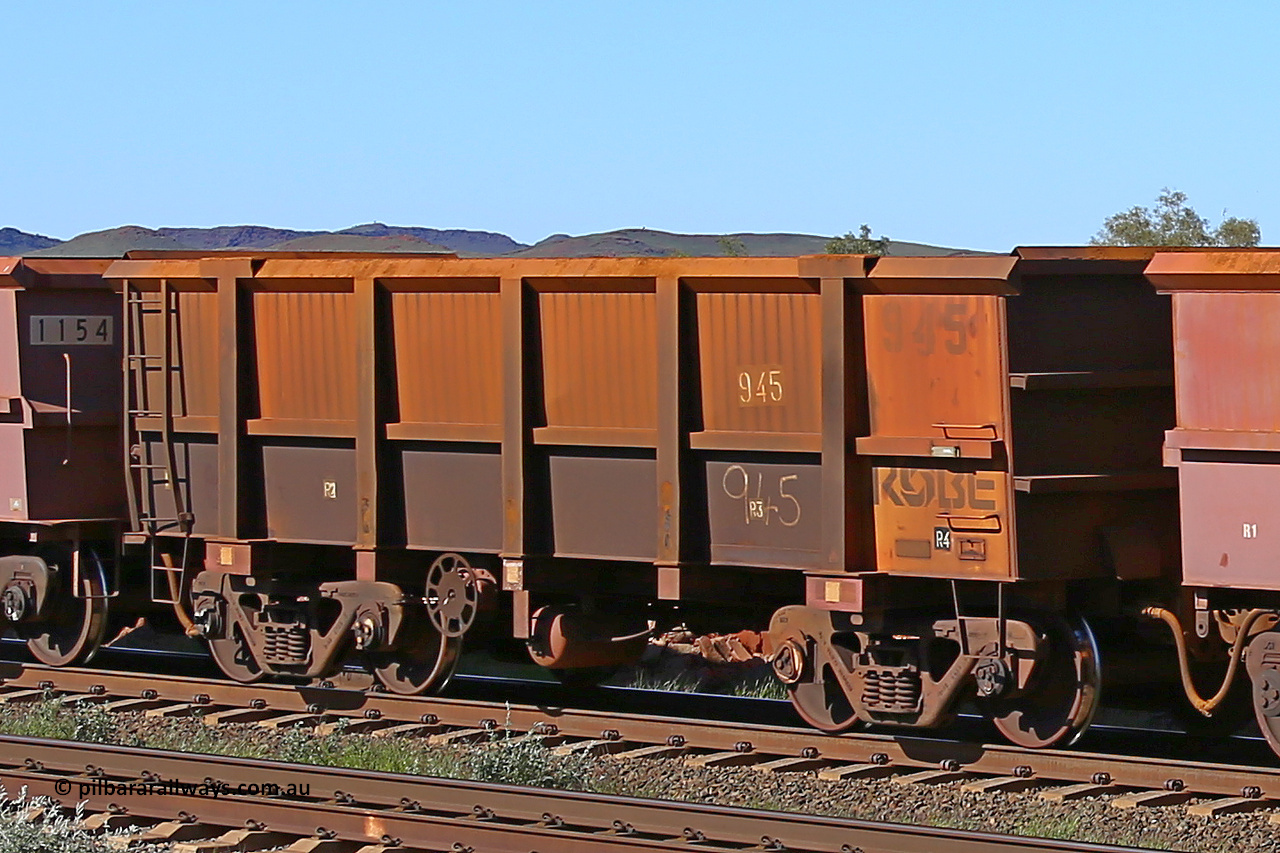 0945 160727 0955
Robe River ore waggon 945, built by Centurion Industries WA, rotary coupler end handbrake side empty view at Harding Siding on the Cape Lambert line, July 27, 2016.
Keywords: 945;Centurion-Industries-WA;Robe-ore-waggon;
