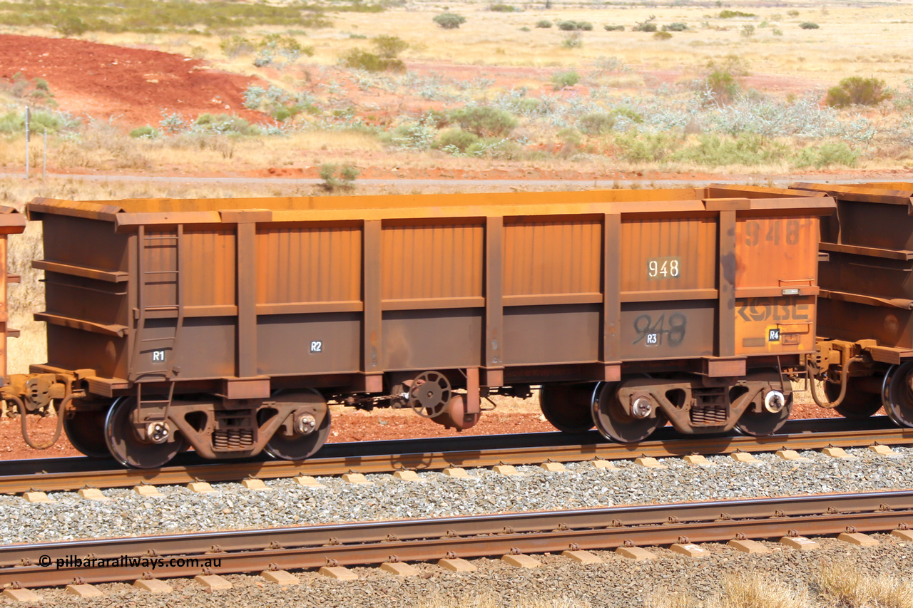0948 141124 6789
Robe River ore waggon 948, built by Centurion Industries WA, fixed coupler handbrake side empty view at the 25 km at Arches Siding on the Cape Lambert line. November 24, 2014.
Keywords: 948;Centurion-Industries-WA;Robe-ore-waggon;