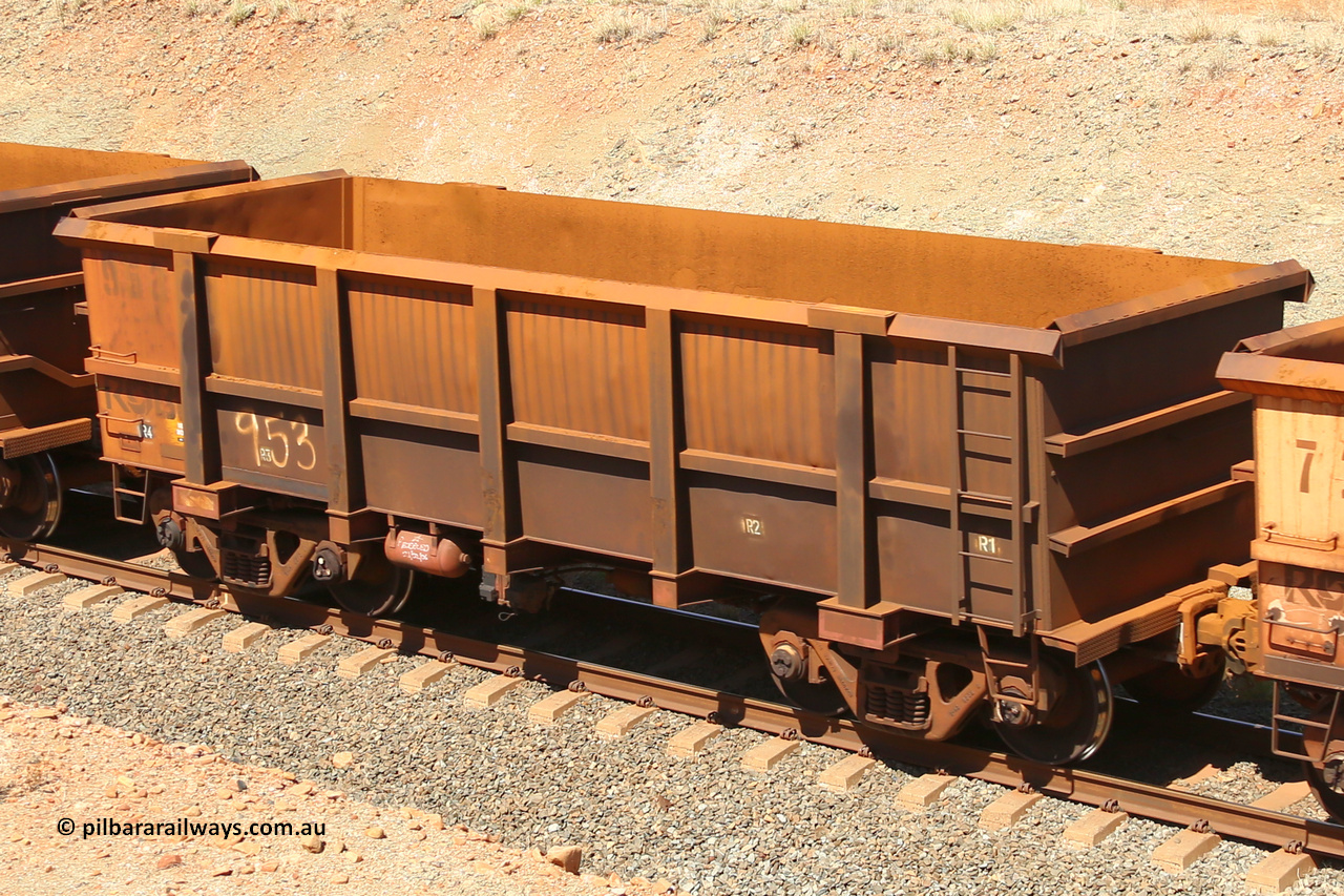 0953 160306 1250
Robe River ore waggon 953, built by Centurion Industries WA, fixed coupler non-handbrake side empty view at Greenpool on the Cape Lambert line. March 6, 2016.
Keywords: 953;Centurion-Industries-WA;Robe-ore-waggon;