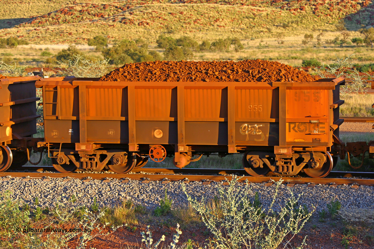 0955 170513 8658
Robe River ore waggon 955, built by Centurion Industries WA, rotary coupler end handbrake side loaded view, Cape Lambert yard, May 13, 2017.
Keywords: 955;Centurion-Industries-WA;Robe-ore-waggon;