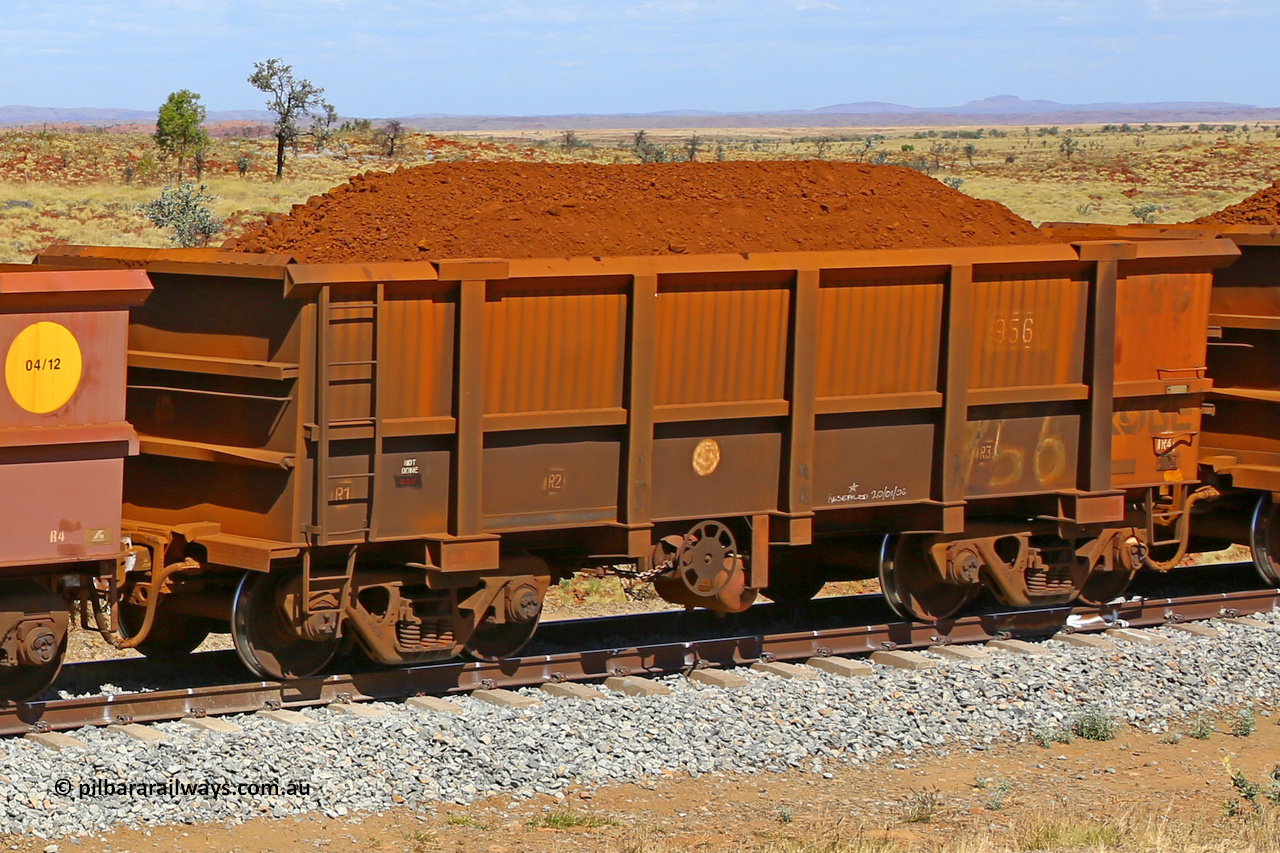 0956 170729 0251
Robe River ore waggon 956, built by Centurion Industries WA, fixed coupler handbrake side loaded view at the 103 km, between Maitland Siding and the Fortescue River on the Deepdale line. July 29, 2017.
Keywords: 956;Centurion-Industries-WA;Robe-ore-waggon;