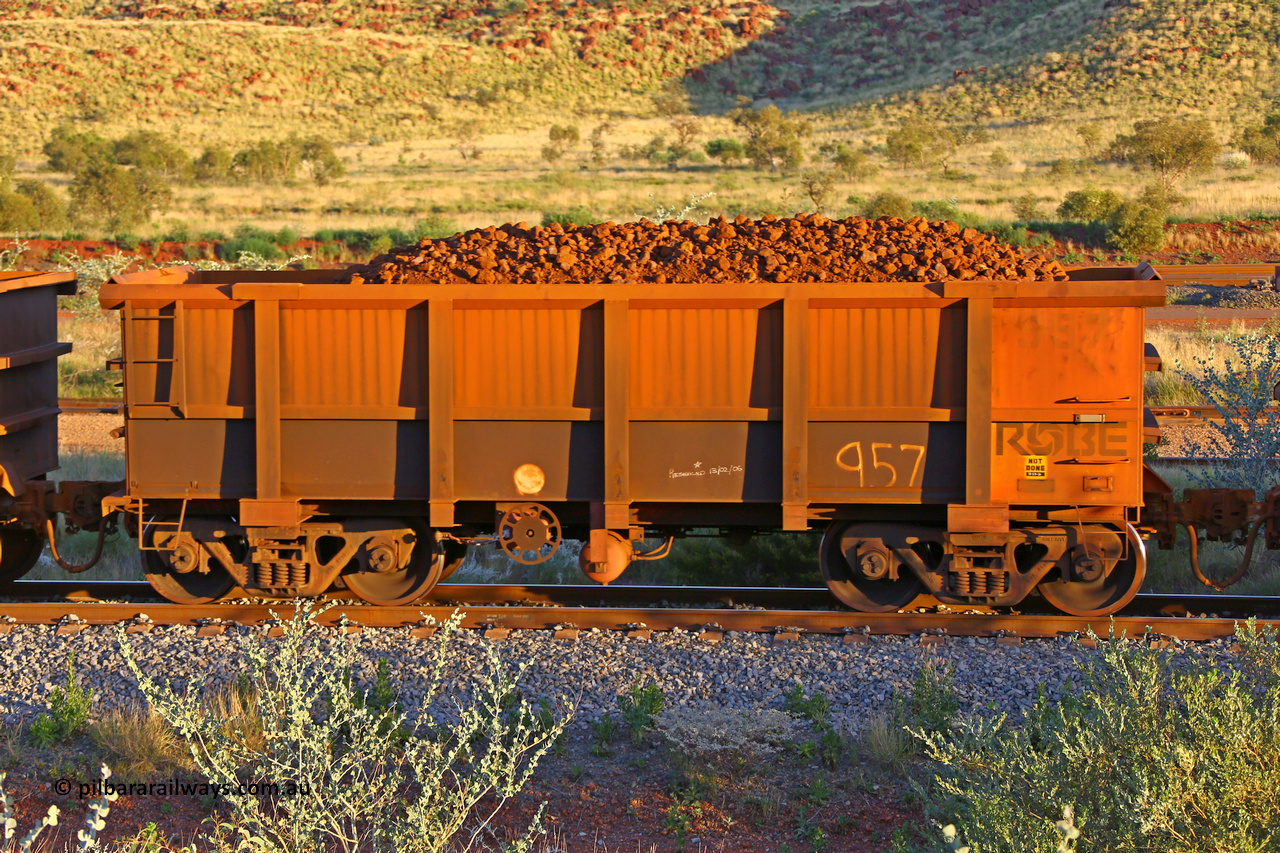 0957 170513 8730
Robe River ore waggon 957, built by Centurion Industries WA, rotary coupler end handbrake side loaded view, Cape Lambert yard, May 13, 2017.
Keywords: 957;Centurion-Industries-WA;Robe-ore-waggon;