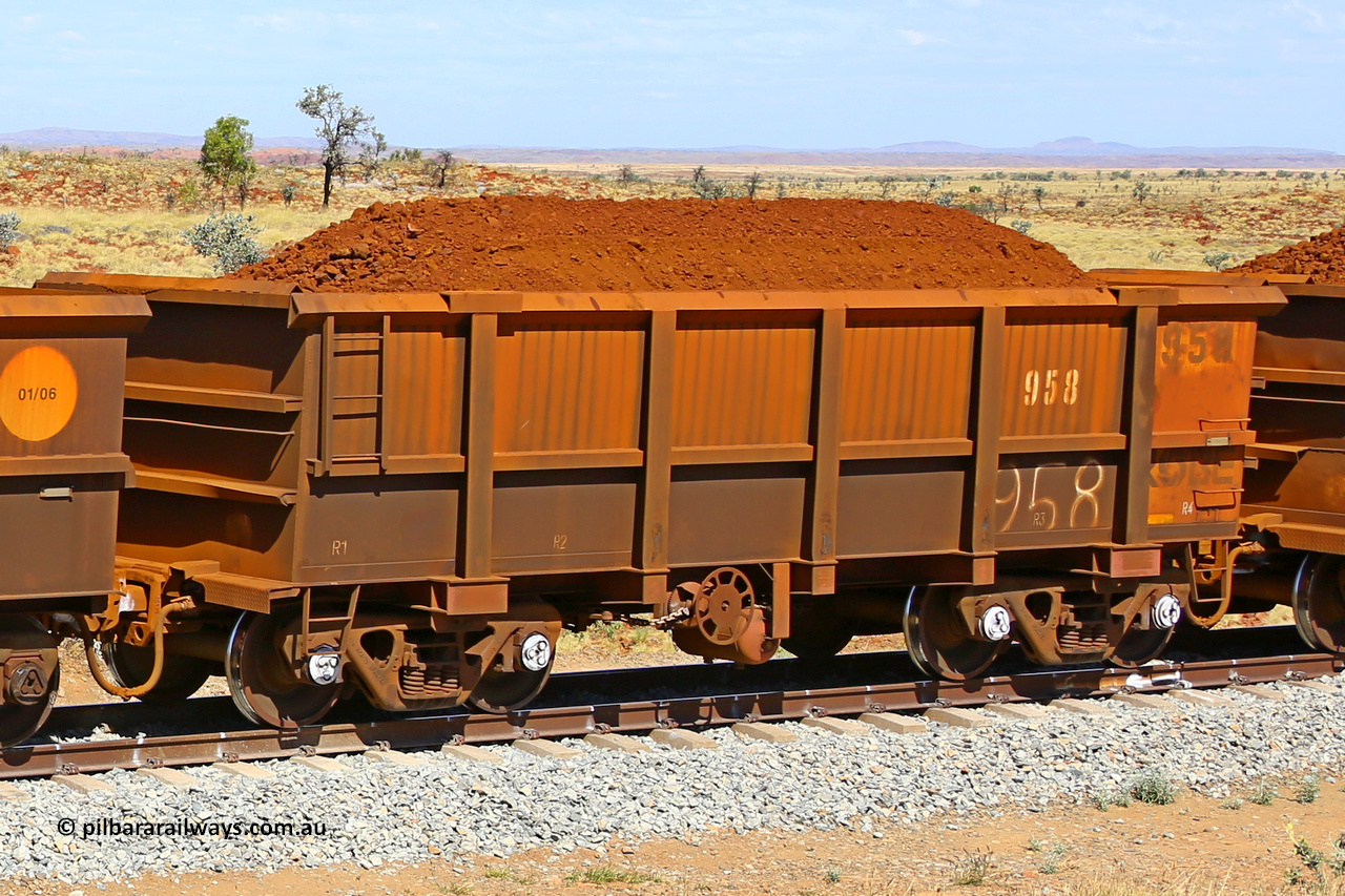 0958 170729 0236
Robe River ore waggon 958, built by Centurion Industries WA, fixed coupler handbrake side loaded view at the 103 km, between Maitland Siding and the Fortescue River on the Deepdale line. July 29, 2017.
Keywords: 958;Centurion-Industries-WA;Robe-ore-waggon;