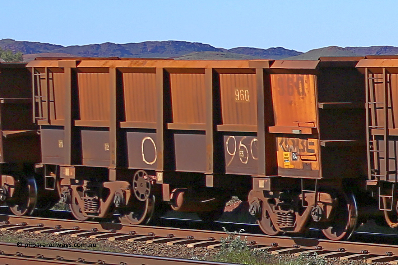 0960 160727 0973
Robe River ore waggon 960, built by Centurion Industries WA, rotary coupler end handbrake side empty view at Harding Siding on the Cape Lambert line, July 27, 2016.
Keywords: 960;Centurion-Industries-WA;Robe-ore-waggon;