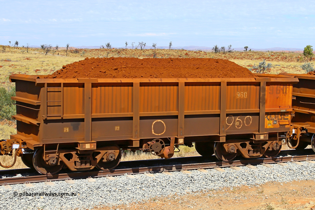 0960 170729 0238
Robe River ore waggon 960, built by Centurion Industries WA, fixed coupler handbrake side loaded view at the 103 km, between Maitland Siding and the Fortescue River on the Deepdale line. July 29, 2017.
Keywords: 960;Centurion-Industries-WA;Robe-ore-waggon;