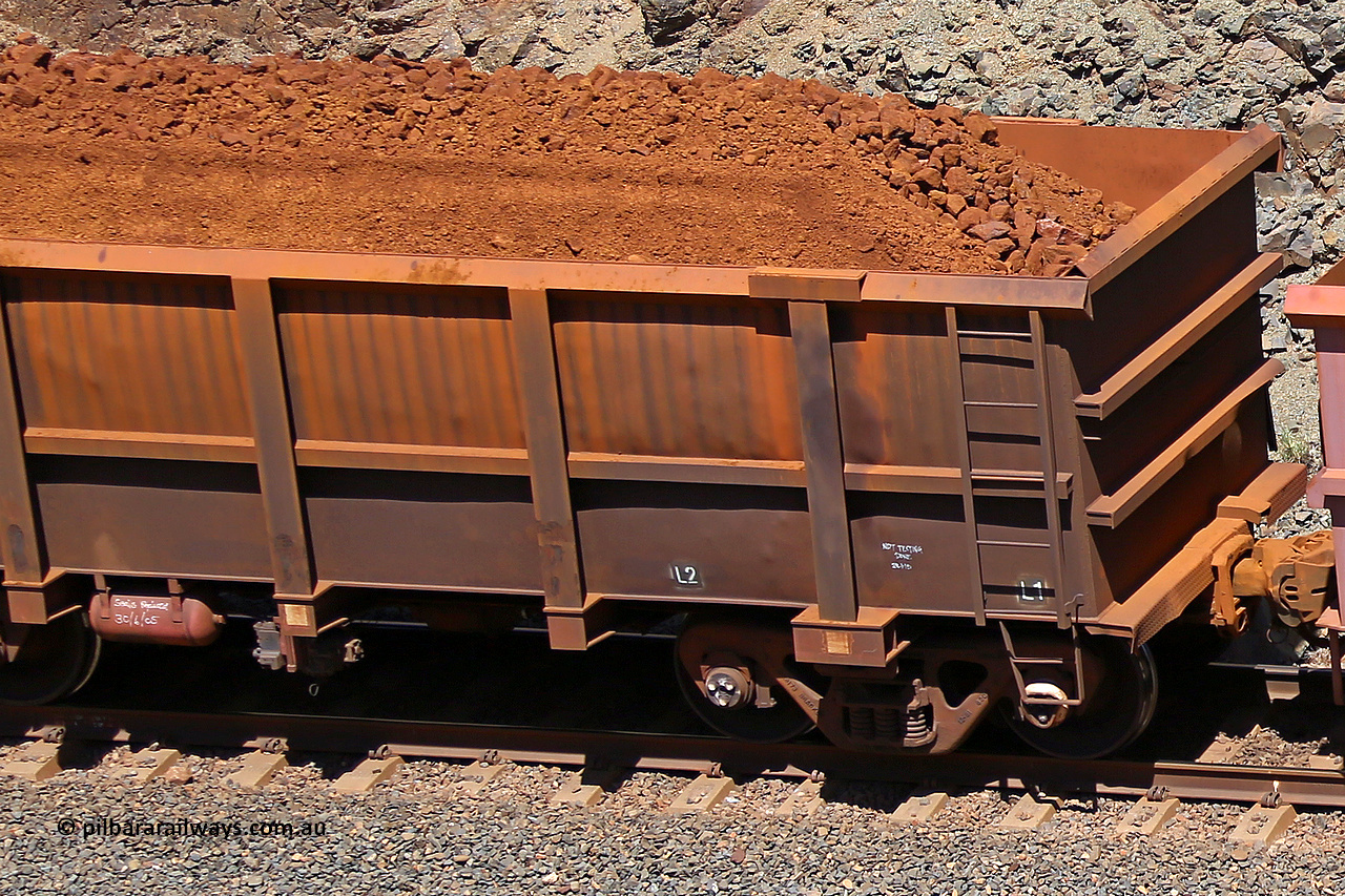 0961 160306 1613
Robe River ore waggon 961, built by Centurion Industries WA, fixed coupler non-handbrake side loaded view of fixed coupler end, at the 45 km, Harding Siding on the Cape Lambert line. March 6, 2016.
Keywords: 961;Centurion-Industries-WA;Robe-ore-waggon;