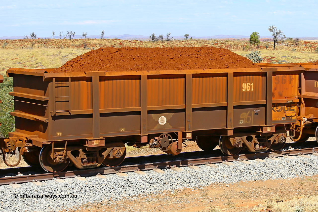 0961 170729 0217
Robe River ore waggon 961, built by Centurion Industries WA, fixed coupler handbrake side loaded view at the 103 km, between Maitland Siding and the Fortescue River on the Deepdale line. July 29, 2017.
Keywords: 961;Centurion-Industries-WA;Robe-ore-waggon;