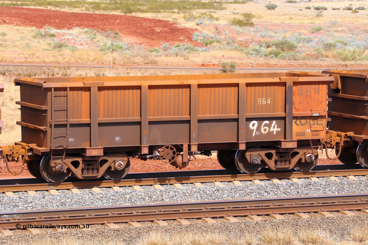 0964 141124 6844
Robe River ore waggon 964, built by Centurion Industries WA, fixed coupler handbrake side empty view at the 25 km at Arches Siding on the Cape Lambert line. November 24, 2014.
Keywords: 964;Centurion-Industries-WA;Robe-ore-waggon;
