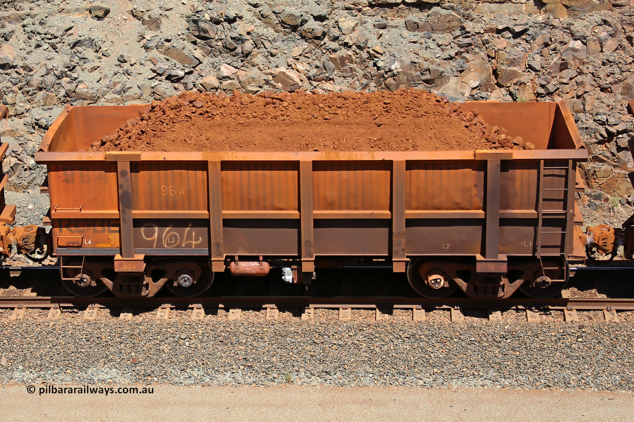 0964 160306 1514
Robe River ore waggon 964, built by Centurion Industries WA, fixed coupler non-handbrake side loaded view, at the 45 km, Harding Siding on the Cape Lambert line. March 6, 2016.
Keywords: 964;Centurion-Industries-WA;Robe-ore-waggon;