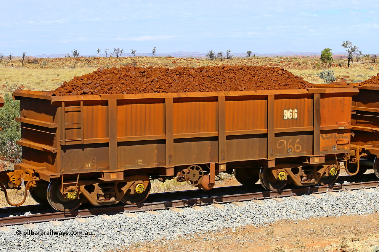 0966 170729 0201
Robe River ore waggon 966, built by Centurion Industries WA, fixed coupler handbrake side loaded view at the 103 km, between Maitland Siding and the Fortescue River on the Deepdale line. July 29, 2017.
Keywords: 966;Centurion-Industries-WA;Robe-ore-waggon;