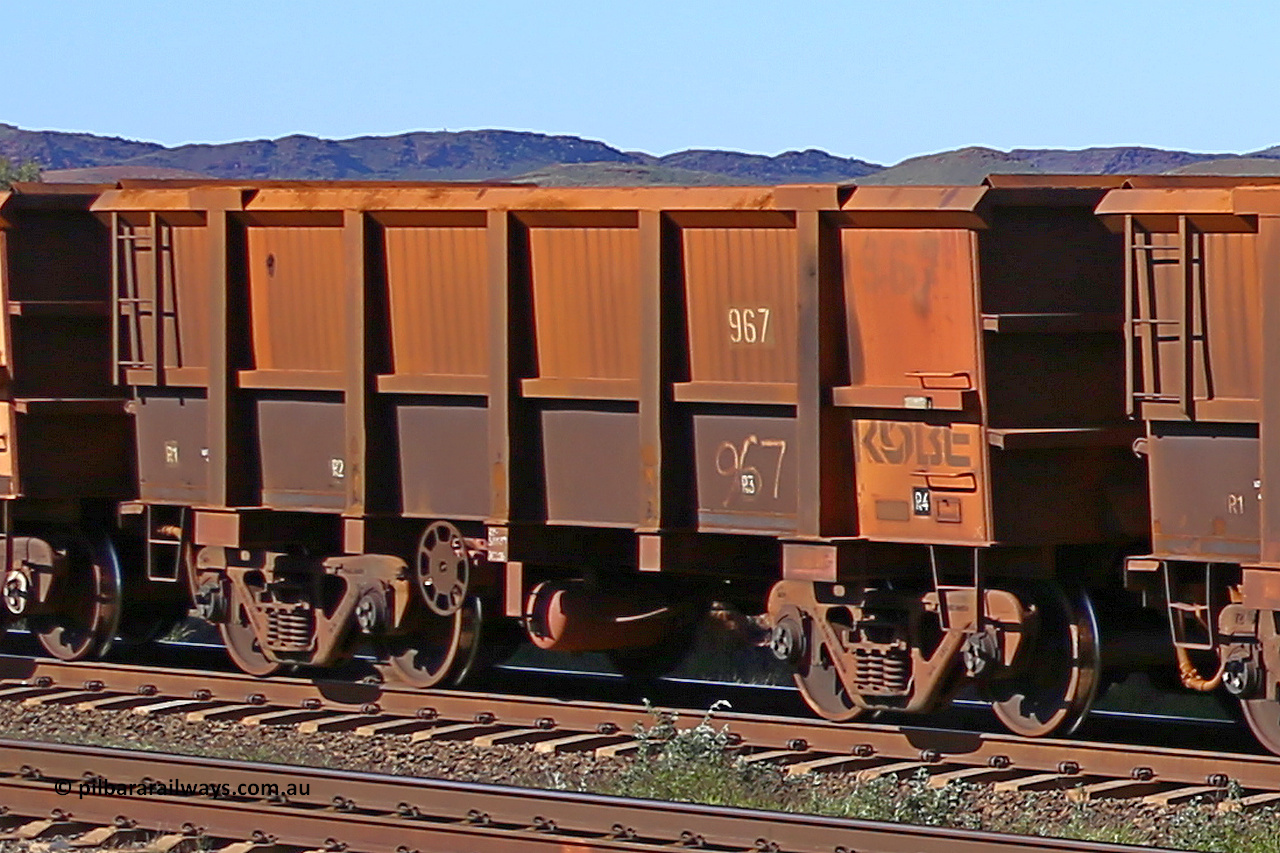 0967 160727 0972
Robe River ore waggon 967, built by Centurion Industries WA, rotary coupler end handbrake side empty view at Harding Siding on the Cape Lambert line, July 27, 2016.
Keywords: 967;Centurion-Industries-WA;Robe-ore-waggon;
