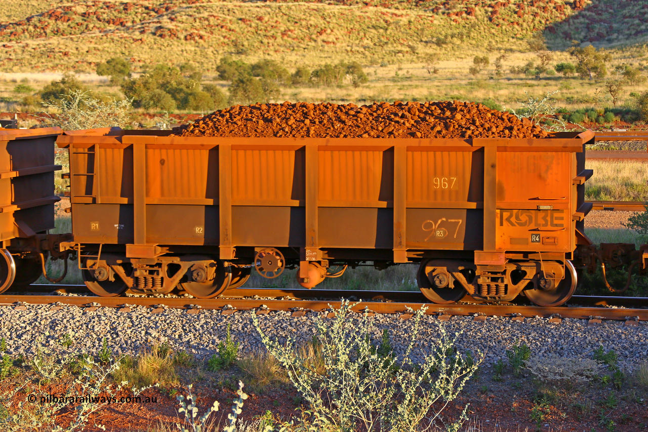 0967 170513 8694
Robe River ore waggon 967, built by Centurion Industries WA, rotary coupler end handbrake side loaded view, Cape Lambert yard, May 13, 2017.
Keywords: 967;Centurion-Industries-WA;Robe-ore-waggon;