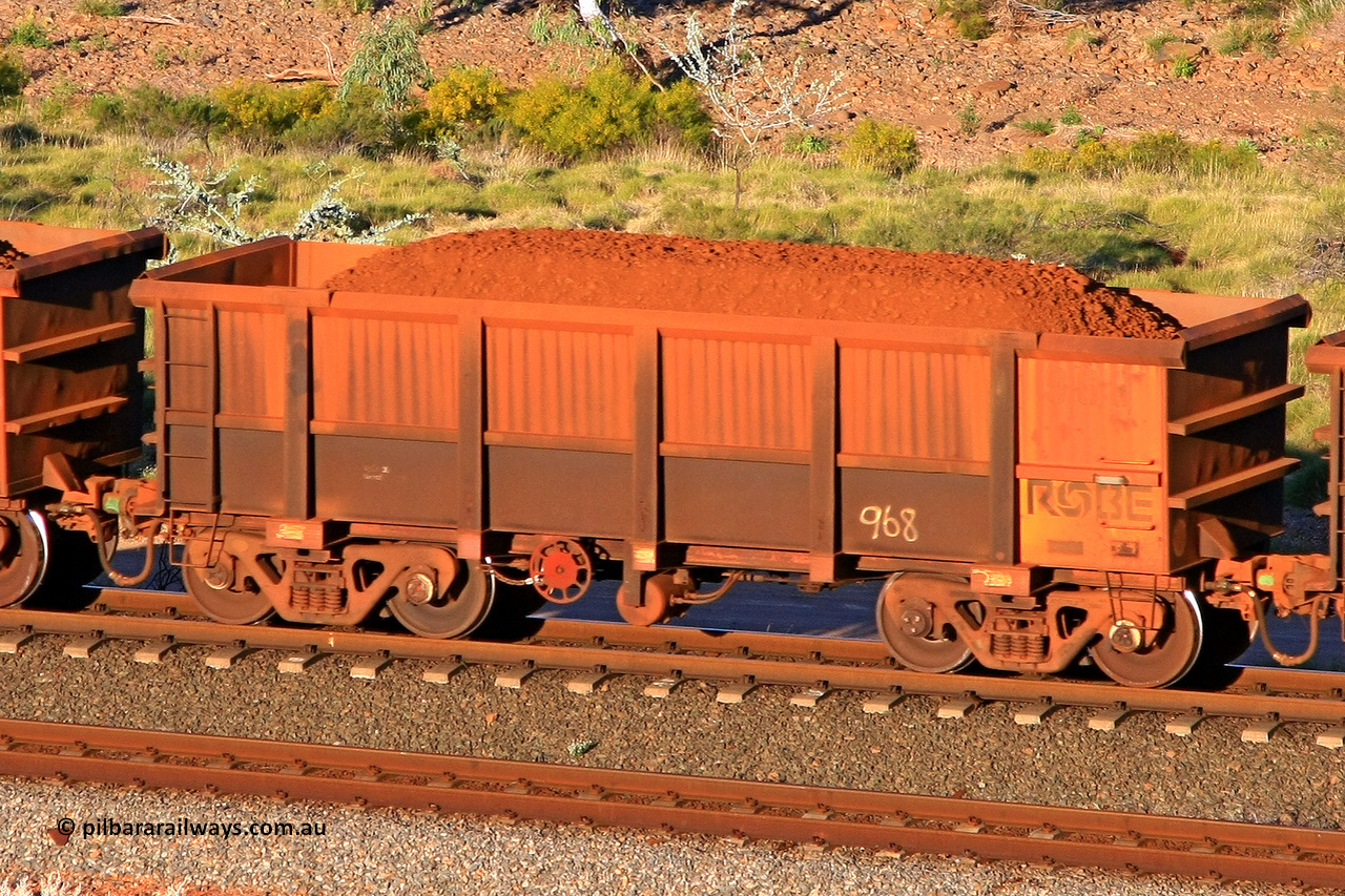 0968 110602 1710
Robe River ore waggon 968, built by Centurion Industries WA, rotary coupler end handbrake side loaded view at the 71 km, Western Creek on the Deepdale line. June 2, 2011.
Keywords: 968;Centurion-Industries-WA;Robe-ore-waggon;
