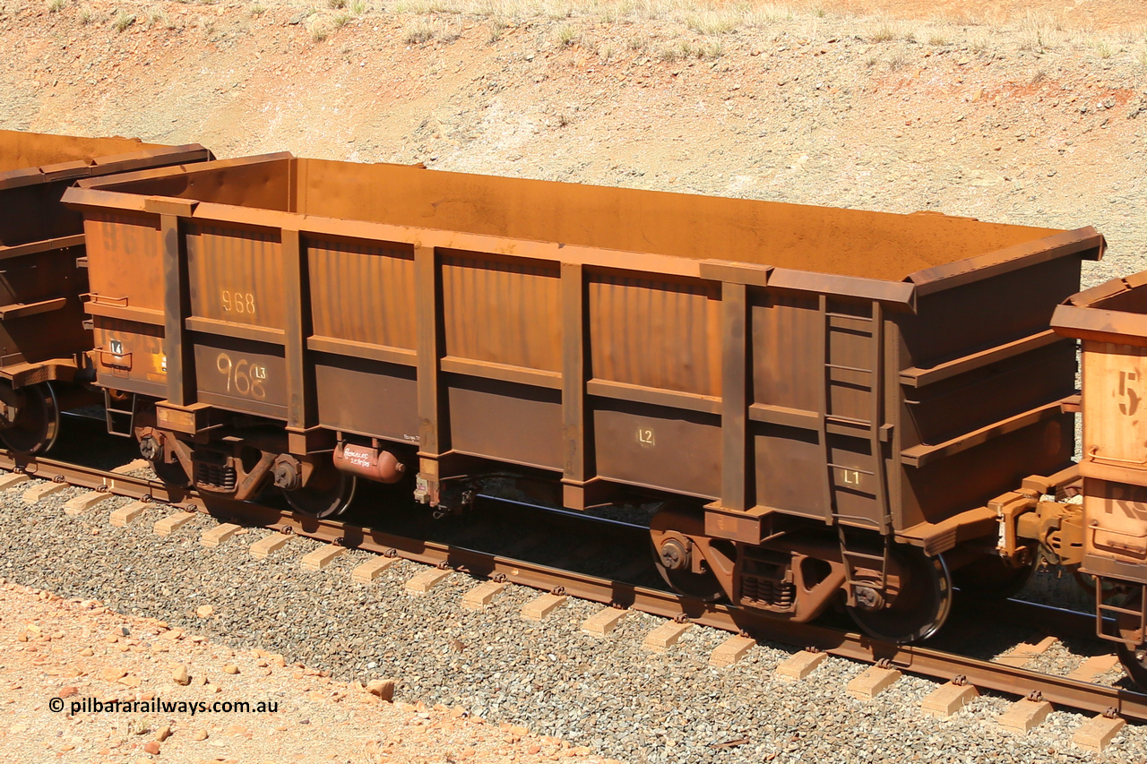 0968 160306 1245
Robe River ore waggon 968, built by Centurion Industries WA, fixed coupler non-handbrake side empty view at Greenpool on the Cape Lambert line. March 6, 2016.
Keywords: 968;Centurion-Industries-WA;Robe-ore-waggon;
