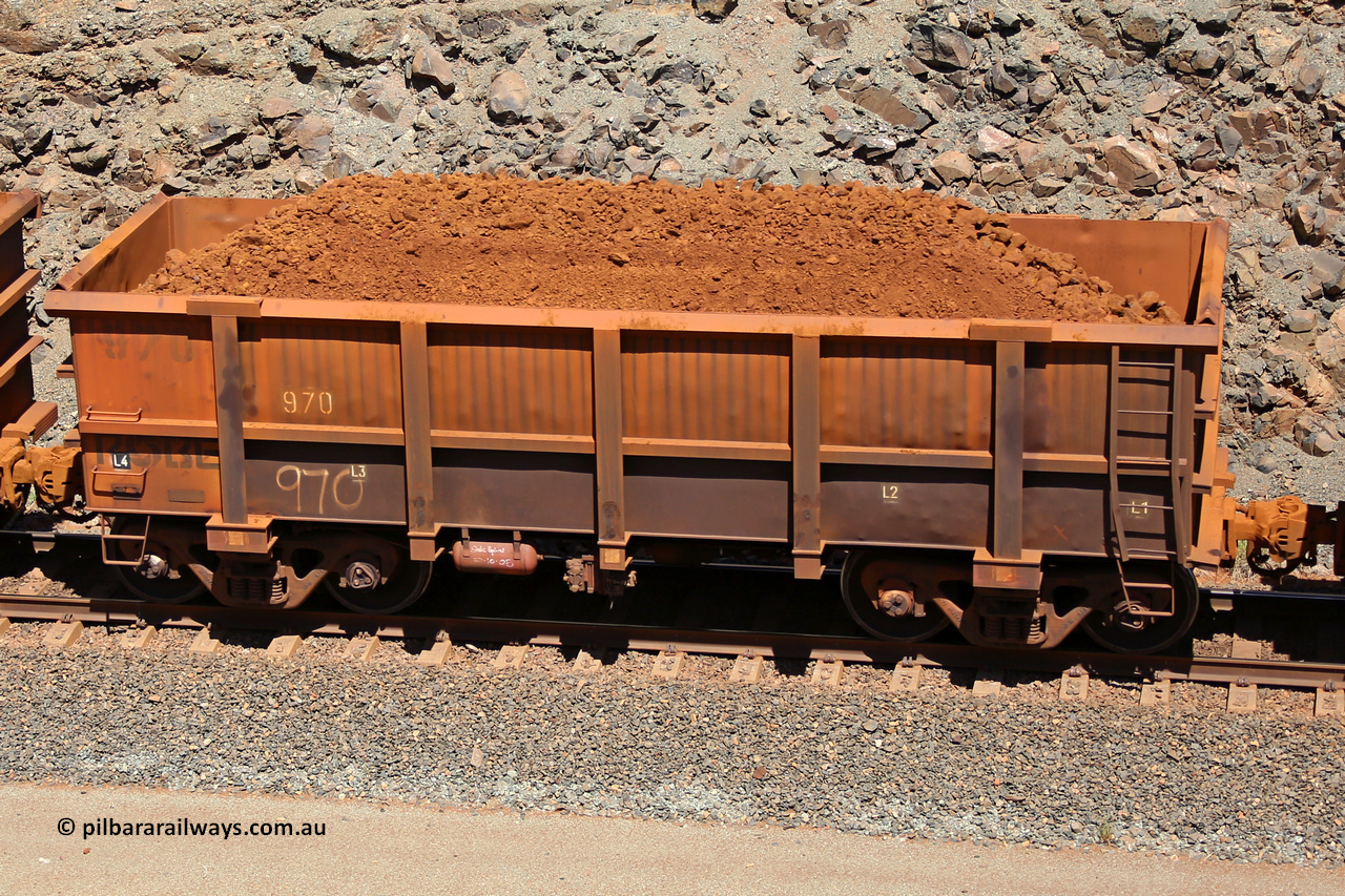 0970 160306 1598
Robe River ore waggon 970, built by Centurion Industries WA, rotary coupler end handbrake side loaded view at the 71 km, Western Creek on the Deepdale line. June 2, 2011.
Keywords: 970;Centurion-Industries-WA;Robe-ore-waggon;