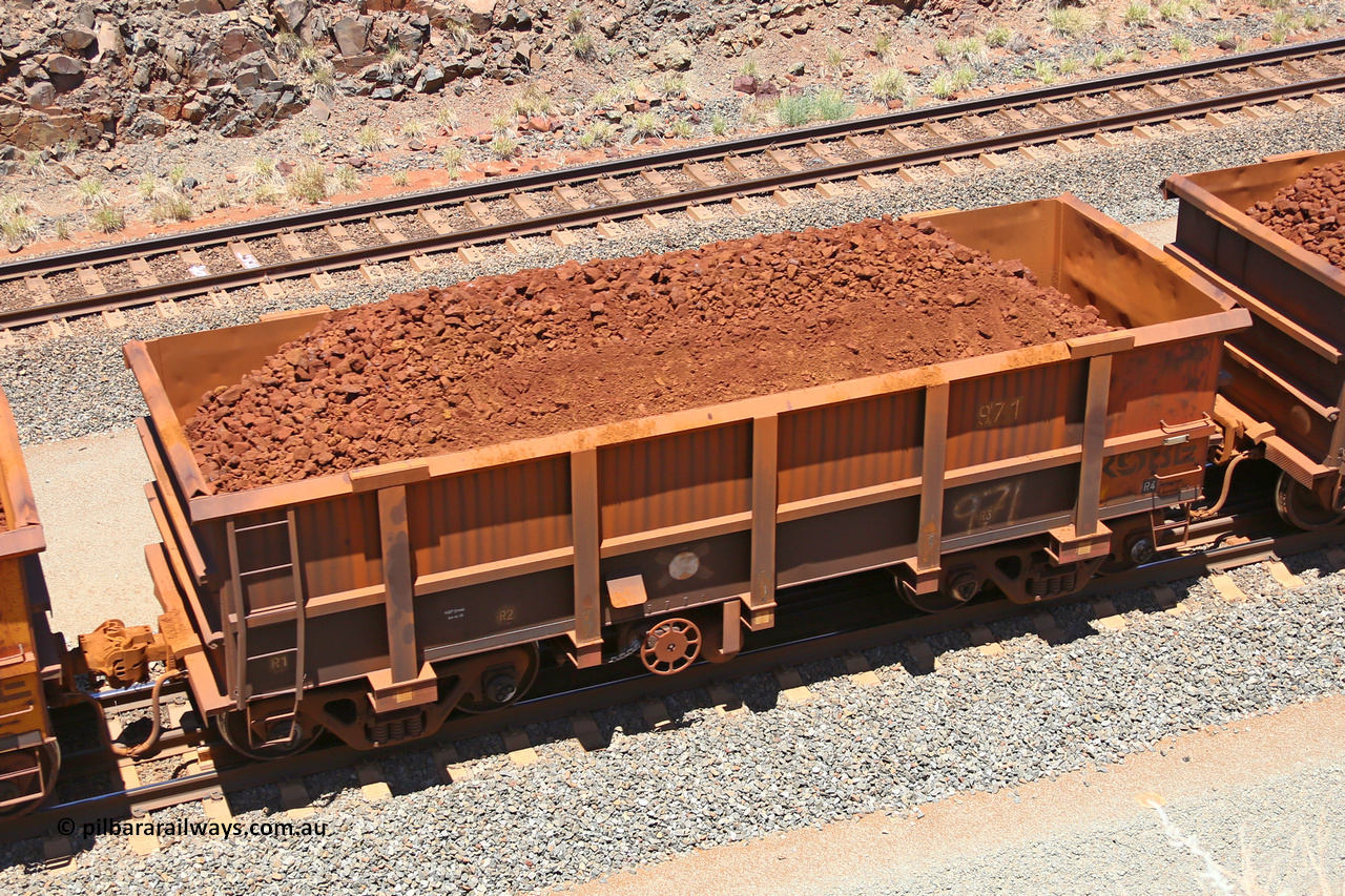 0971 160306 1491
Robe River ore waggon 971, built by Centurion Industries WA, fixed coupler handbrake side loaded view, at the 45 km, Harding Siding on the Cape Lambert line. March 6, 2016.
Keywords: 971;Centurion-Industries-WA;Robe-ore-waggon;