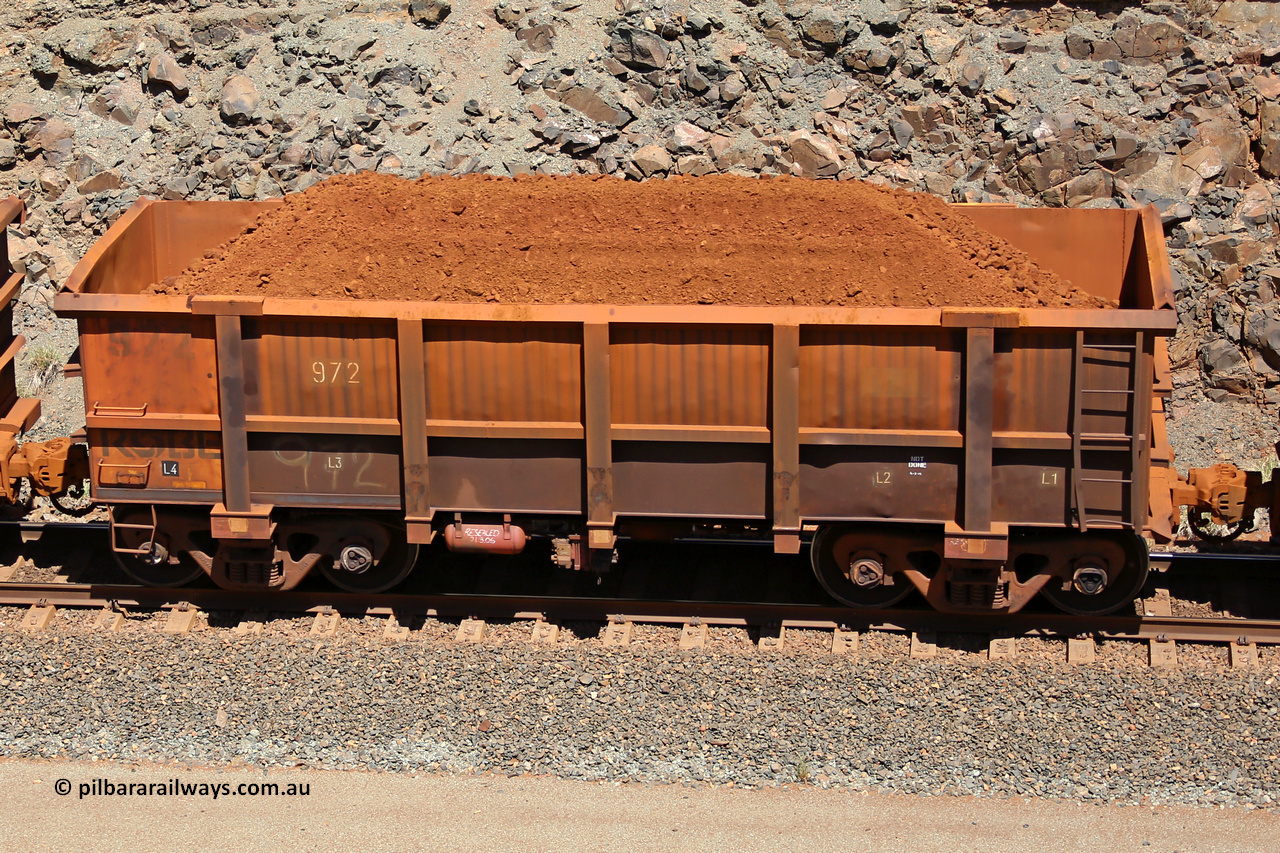 0972 160306 1555
Robe River ore waggon 972, built by Centurion Industries WA, fixed coupler non-handbrake side loaded view, at the 45 km, Harding Siding on the Cape Lambert line. March 6, 2016.
Keywords: 972;Centurion-Industries-WA;Robe-ore-waggon;